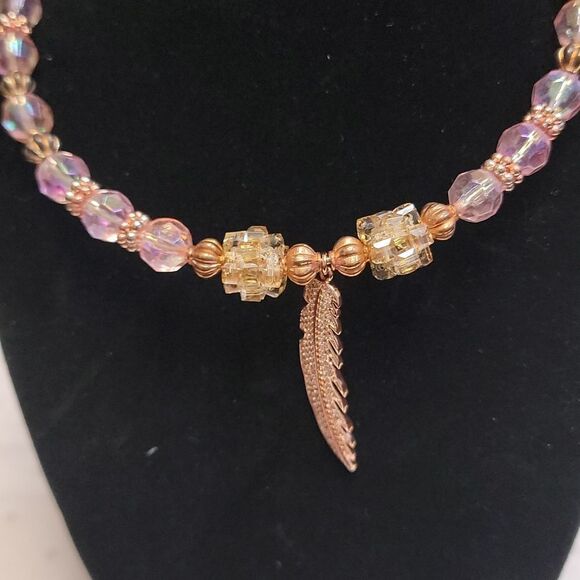Handmade Beaded Necklace/Choker with Rose Gold Feather Pendant - Picture 2 of 8
